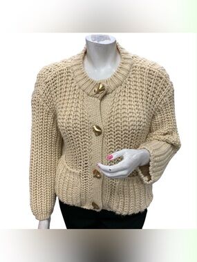 Zara Cream Chunky Knit Cardigan with Gold Buttons Size L